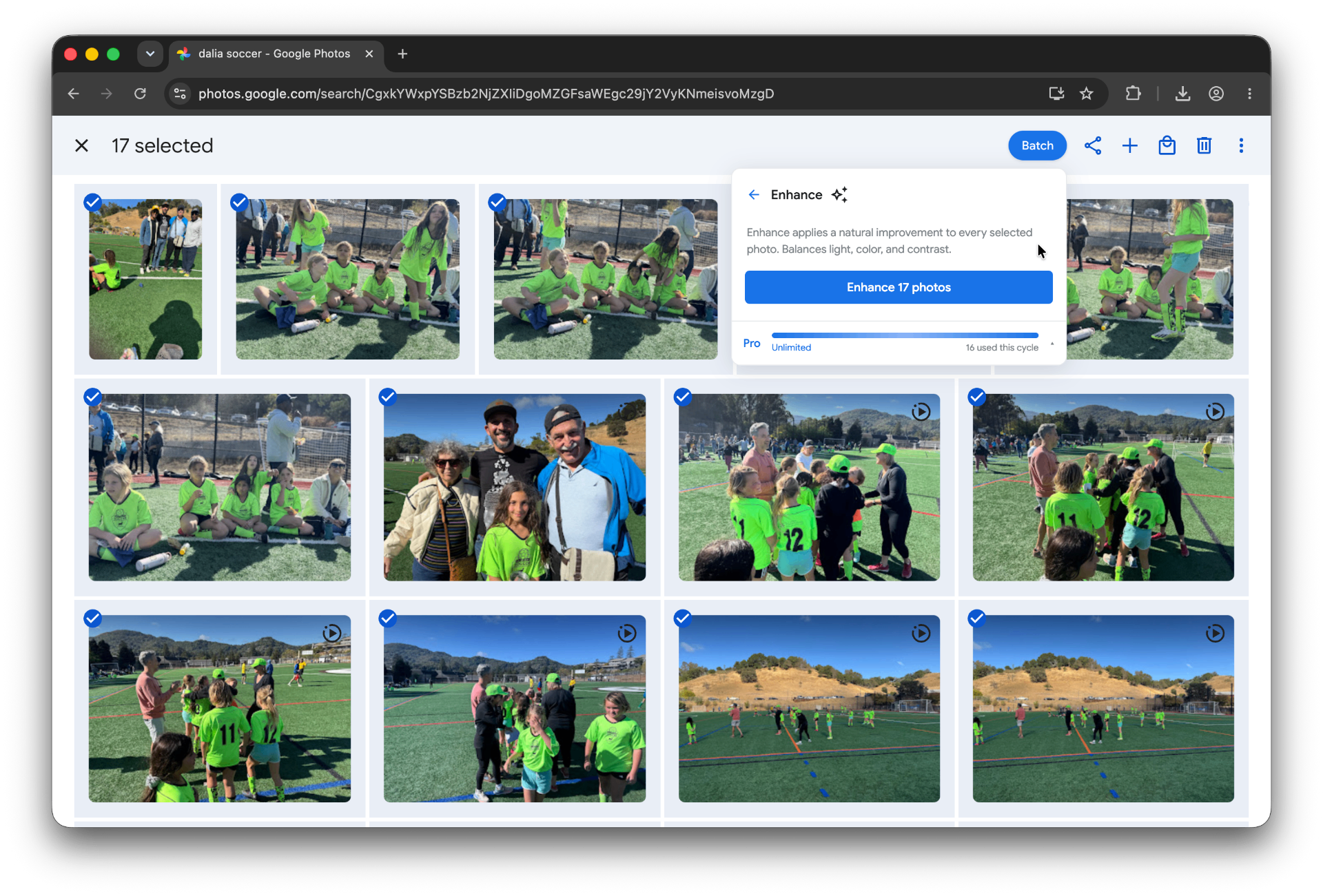 Google Photos search for 'dalia soccer' with 17 tournament photos selected and the Batch Enhance panel open, ready to enhance all 17 photos at once.