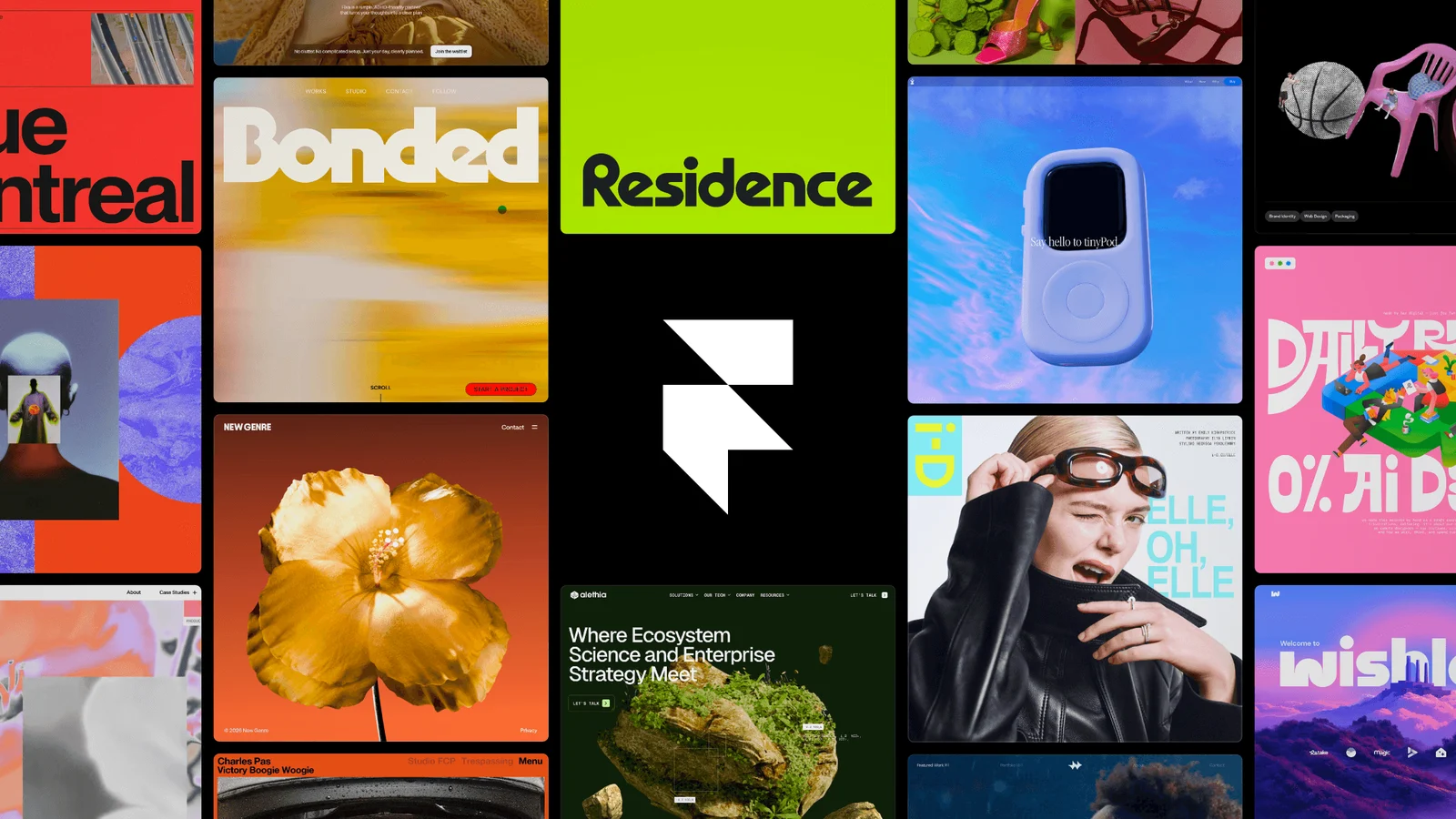 Framer logo surrounded by a grid of websites built and published with Framer