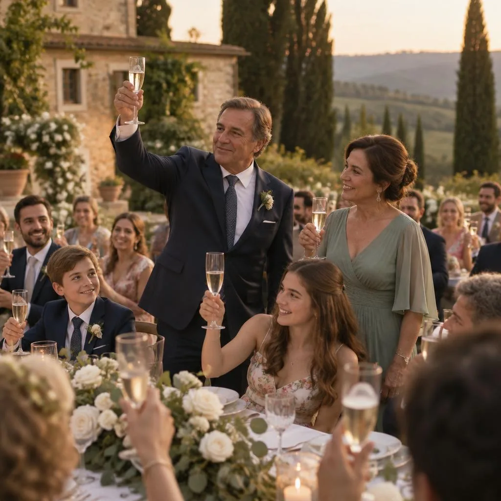 The family raising a toast at the long reception table