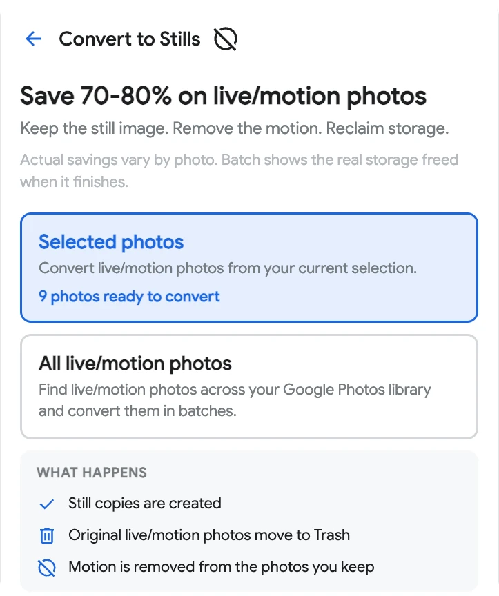 Batch's Convert to Stills action in Google Photos