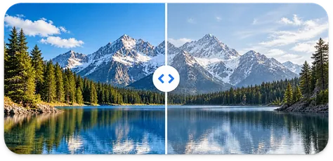 An alpine lake photo split between edited and original versions