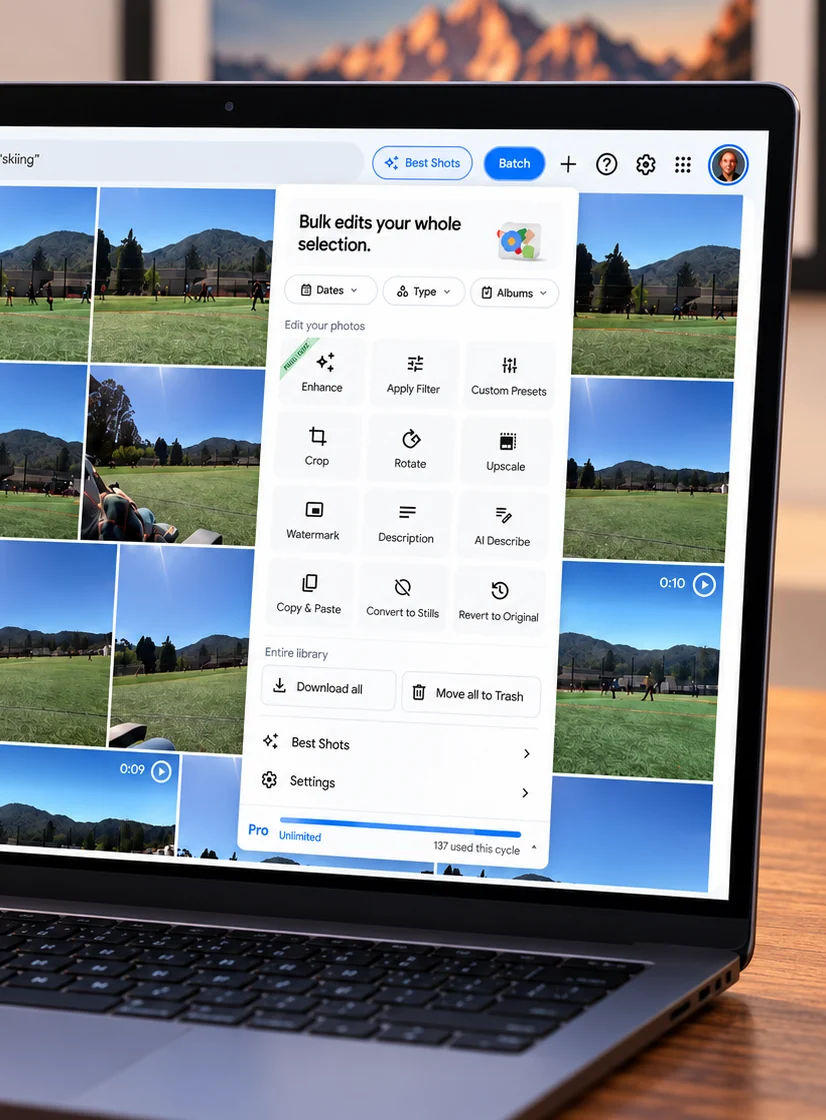 Laptop showing the Batch for Google Photos menu with Dates, Type and Albums filters, the Edit your photos tool grid, and Entire library actions