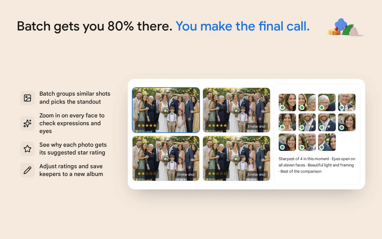 Batch comparing similar wedding photos with ratings and face checks