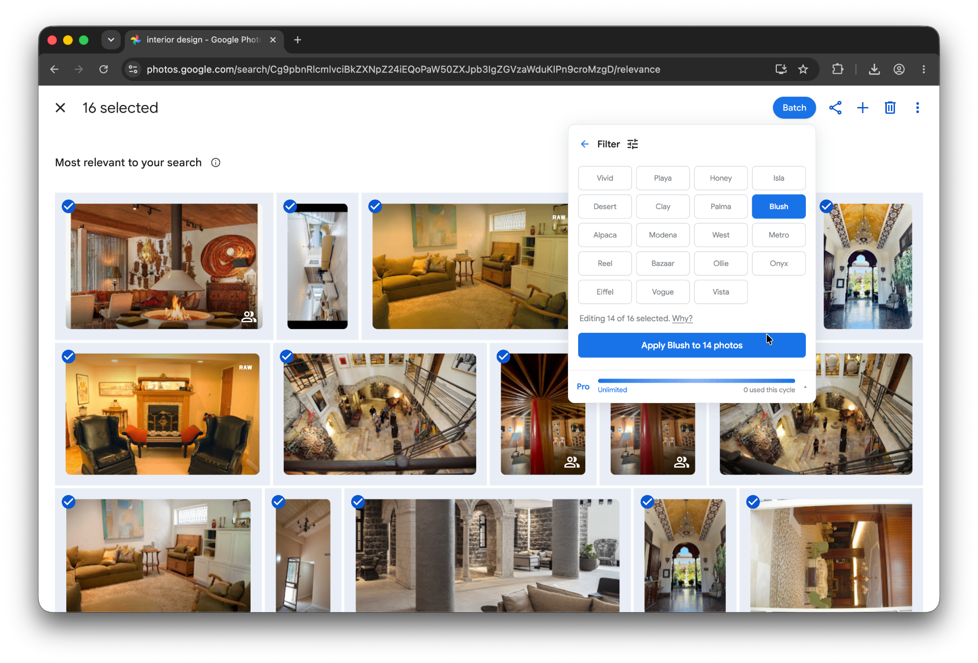 Google Photos search results for 'interior design' with 16 photos selected and the Batch Filter panel open on the Blush preset, ready to apply to 14 photos.