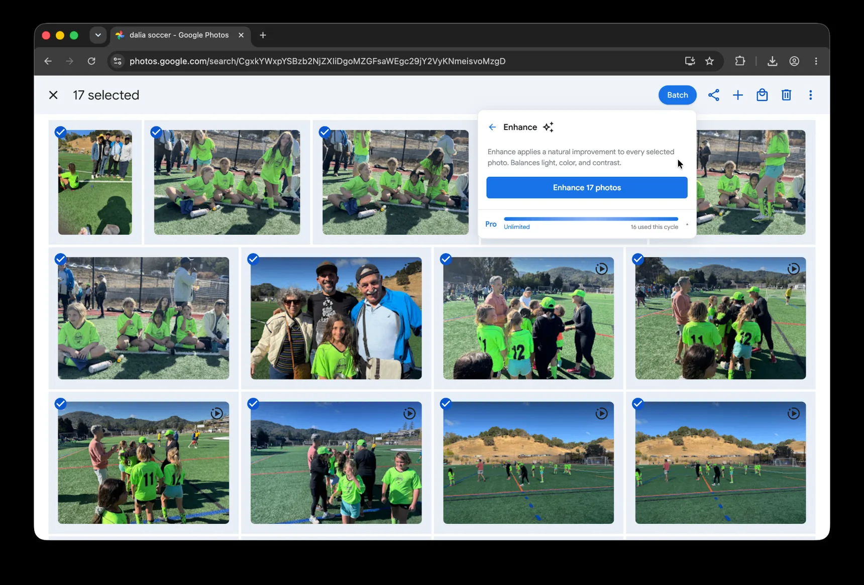 Google Photos search for 'dalia soccer' with 17 tournament photos selected and the Batch Enhance panel open, ready to enhance all 17 photos at once.
