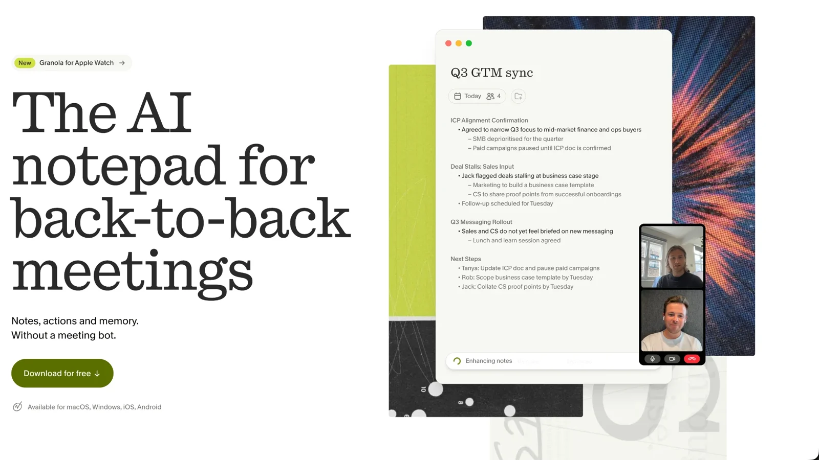Granola's AI notepad for back-to-back meetings, showing a Q3 sync note with action items and next steps beside a video call