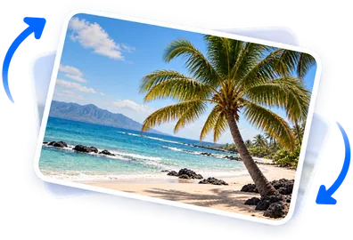 A tilted beach photo with rotation arrows