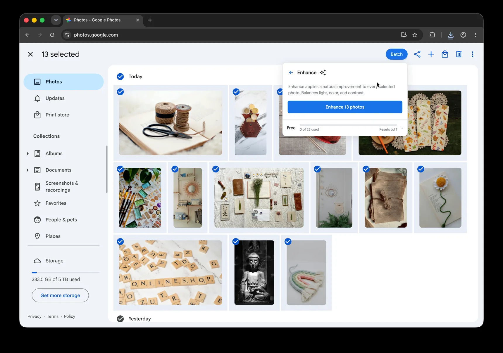 Google Photos batch Enhance panel ready to enhance 13 selected product photos