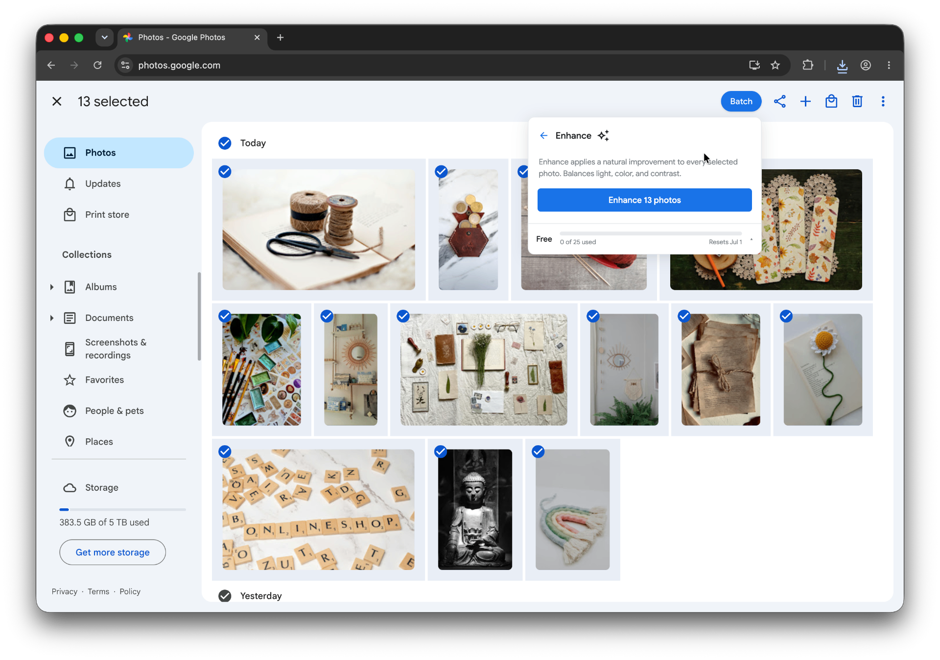 Google Photos batch Enhance panel ready to enhance 13 selected product photos