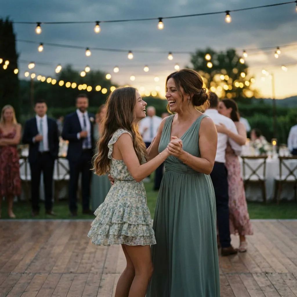 Mom and daughter dancing at dusk