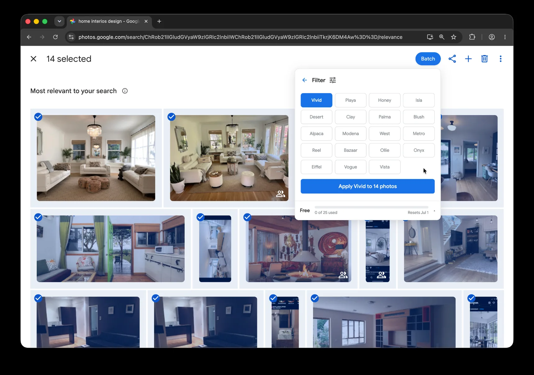 Google Photos batch filter panel with Vivid selected, ready to apply to 14 selected interior photos