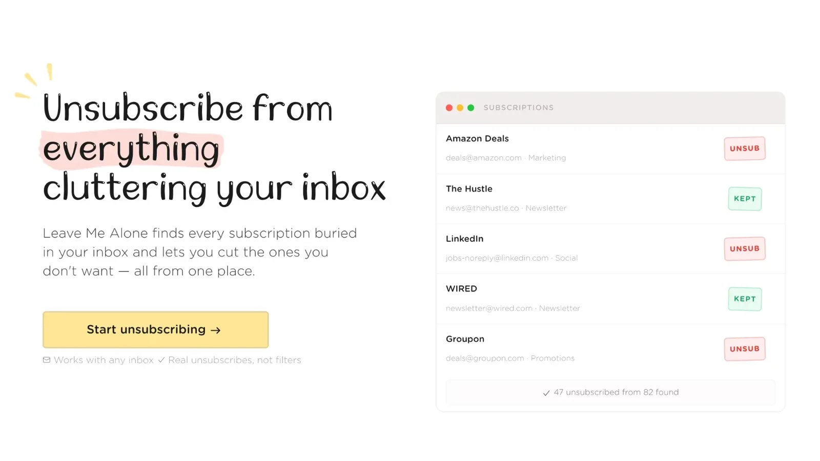Leave Me Alone subscription list showing newsletters marked as kept or unsubscribed