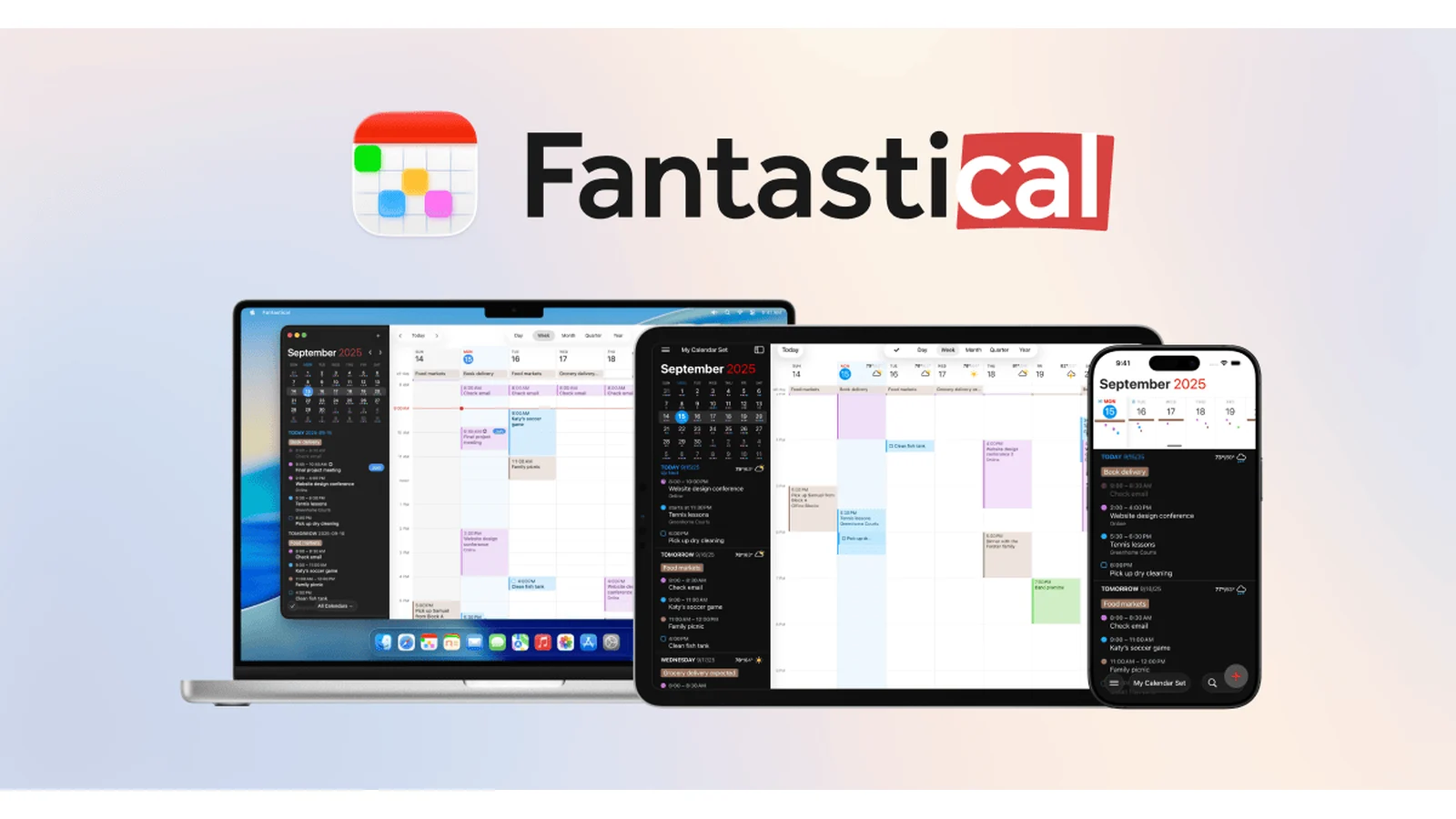 Fantastical calendar artwork showing events and scheduling across Apple devices