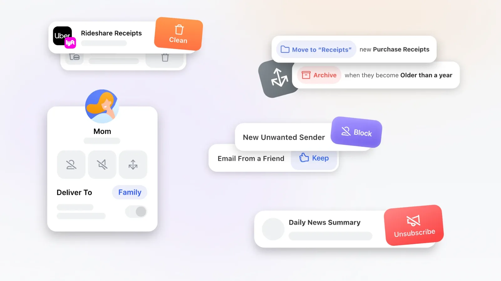 Clean Email features: cleaning rideshare receipts, auto-archiving old purchase receipts, blocking unwanted senders, and unsubscribing from newsletters