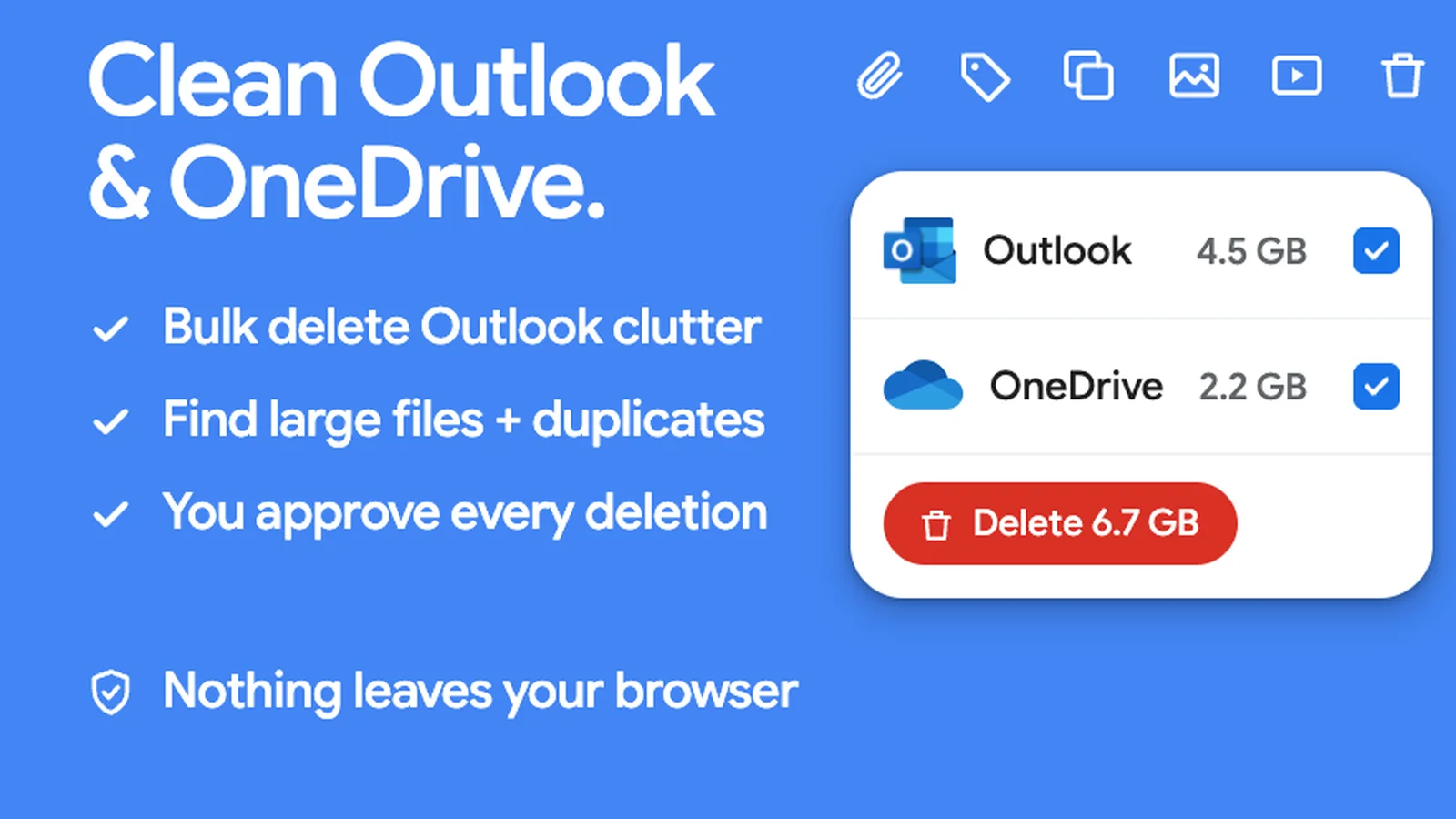 Storage Cleaner for Microsoft artwork showing Outlook and OneDrive storage ready to clean