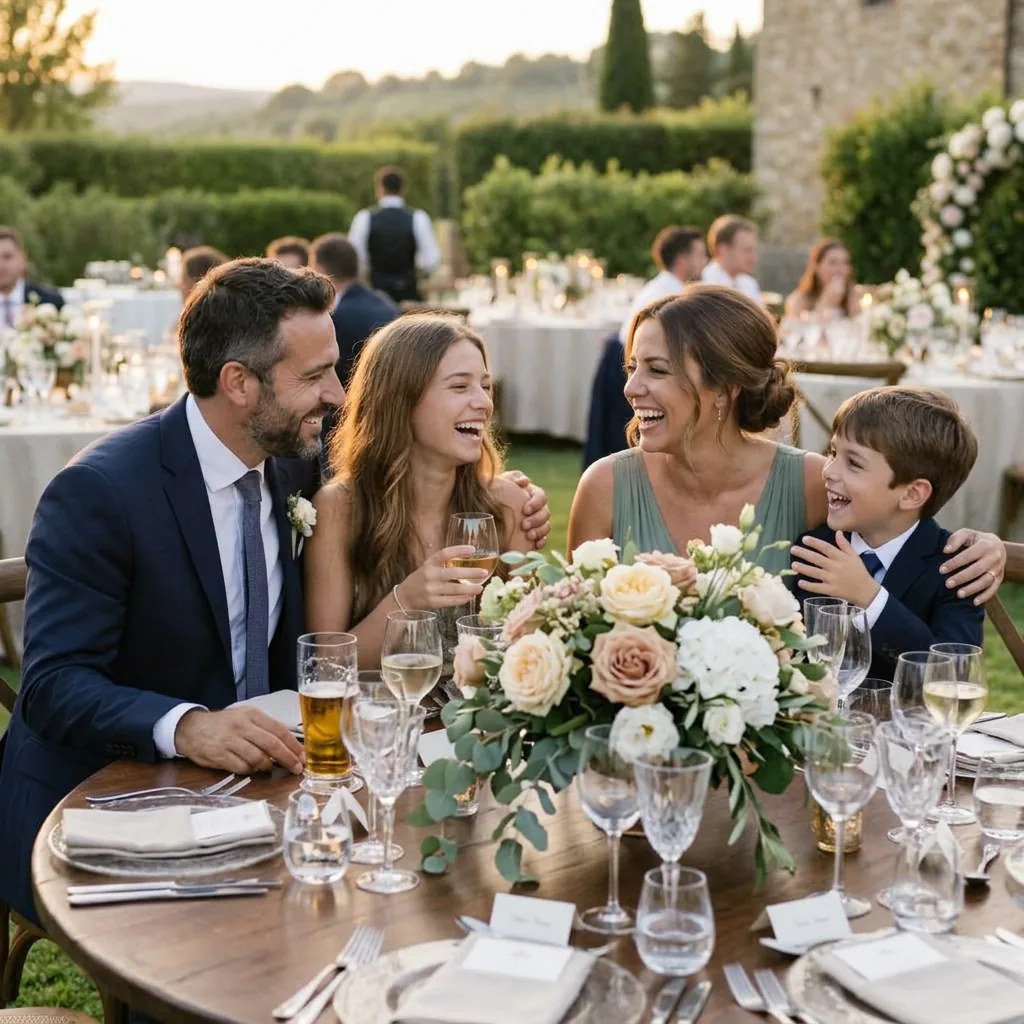The same family laughing at the reception table