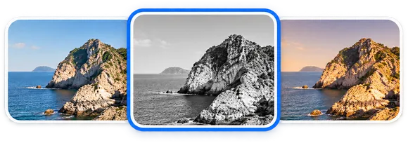 The same coastal photo shown with three filters, the black and white one selected