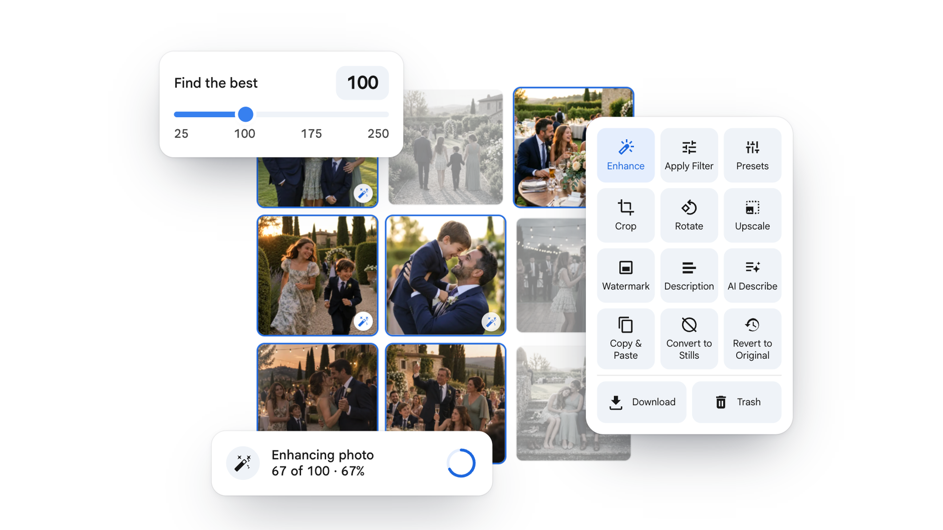Batch for Google Photos enhancing a selection of 100 wedding photos, with editing controls like Enhance, Crop, and Watermark open