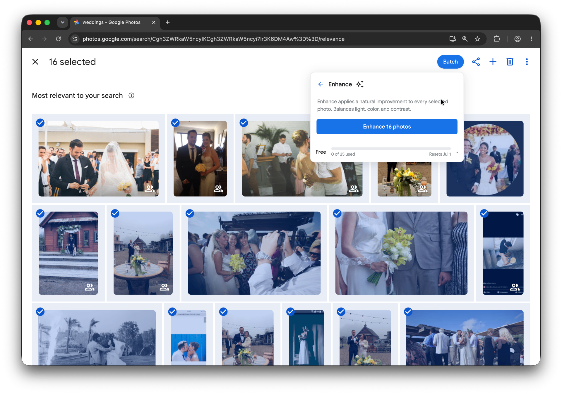 Google Photos batch Enhance panel ready to enhance 16 selected wedding photos