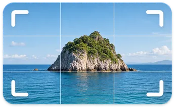 An island photo with crop corners and a rule-of-thirds grid