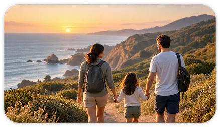 A family walking a coastal trail at sunset