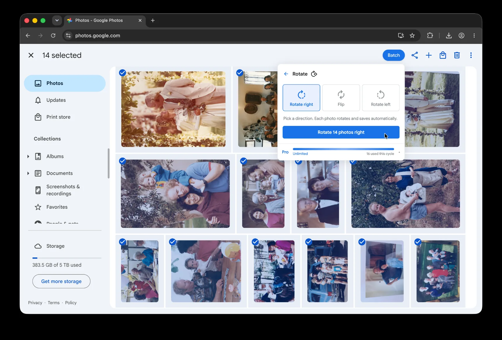 Google Photos with 14 sideways-scanned family photos selected and the Batch Rotate panel open on 'Rotate right', ready to rotate 14 photos at once.