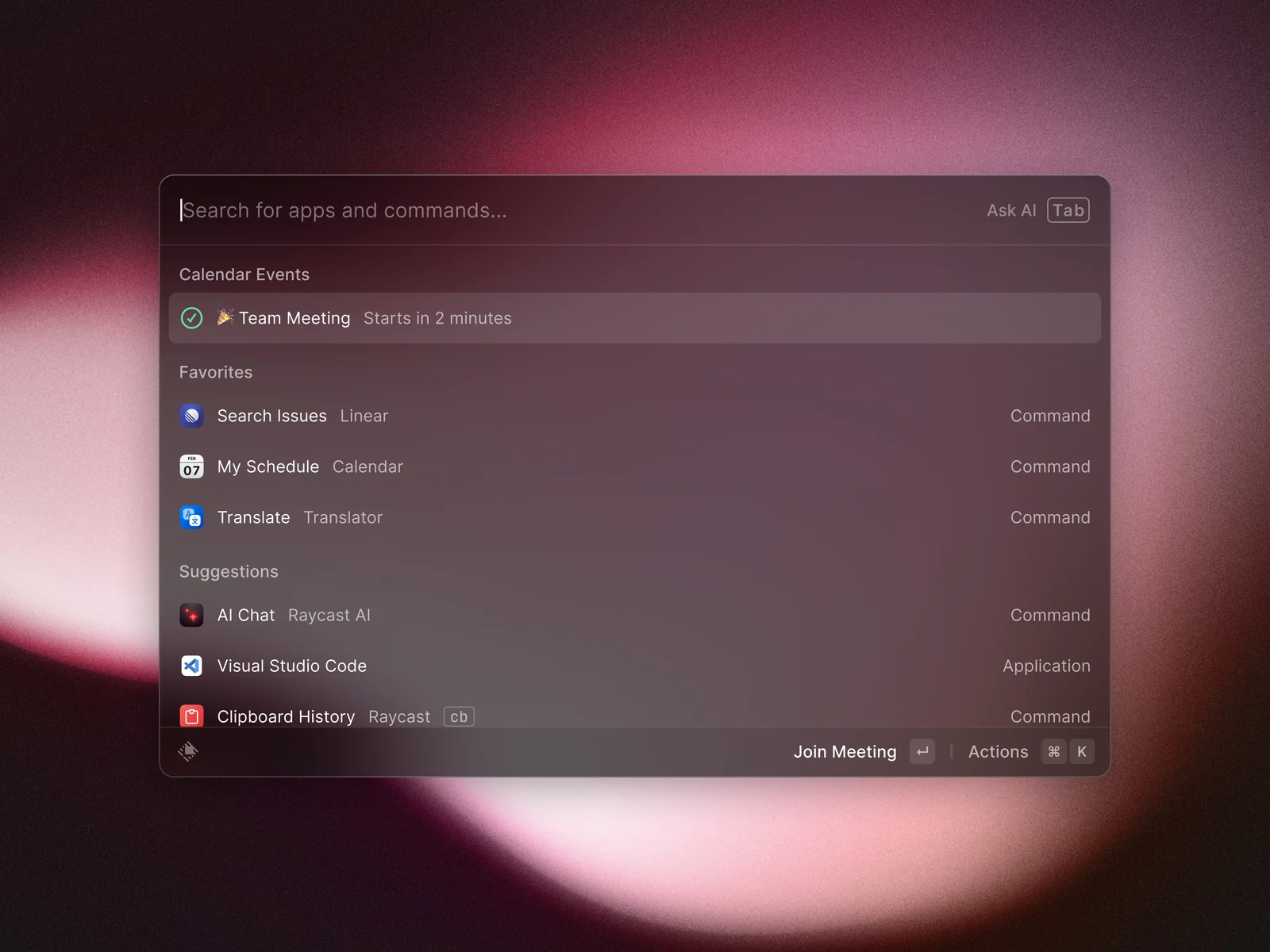 Raycast command launcher open on a Mac desktop