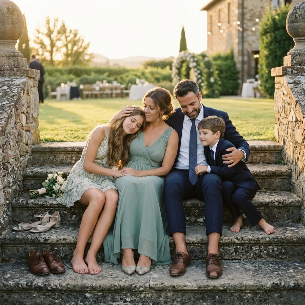 The family resting on the stone steps at sunset