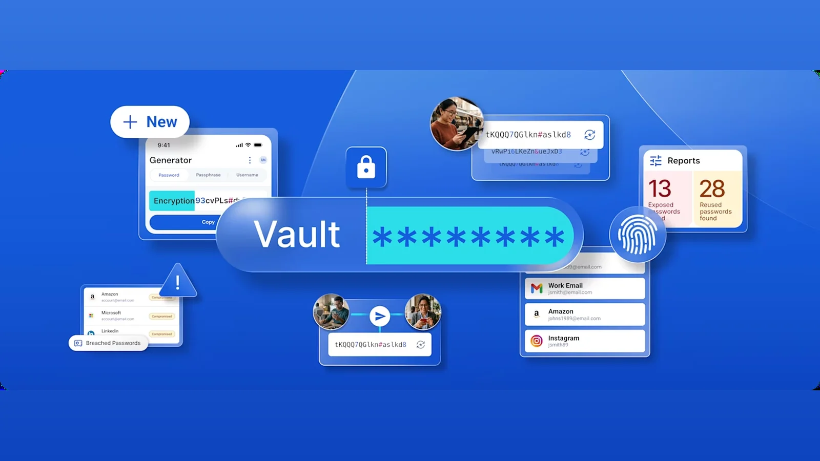 1Password artwork with the Vault login panel on a blue background, surrounded by the password generator, saved logins, breach alerts, and security reports