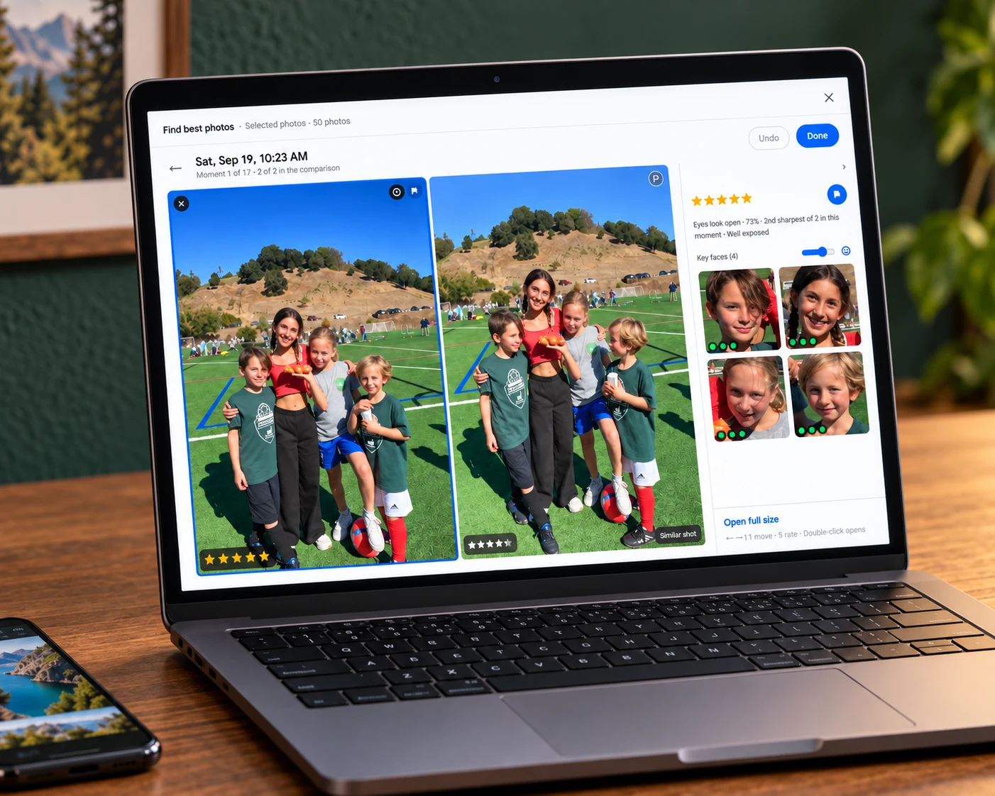 Batch comparing two similar Google Photos with ratings and face checks