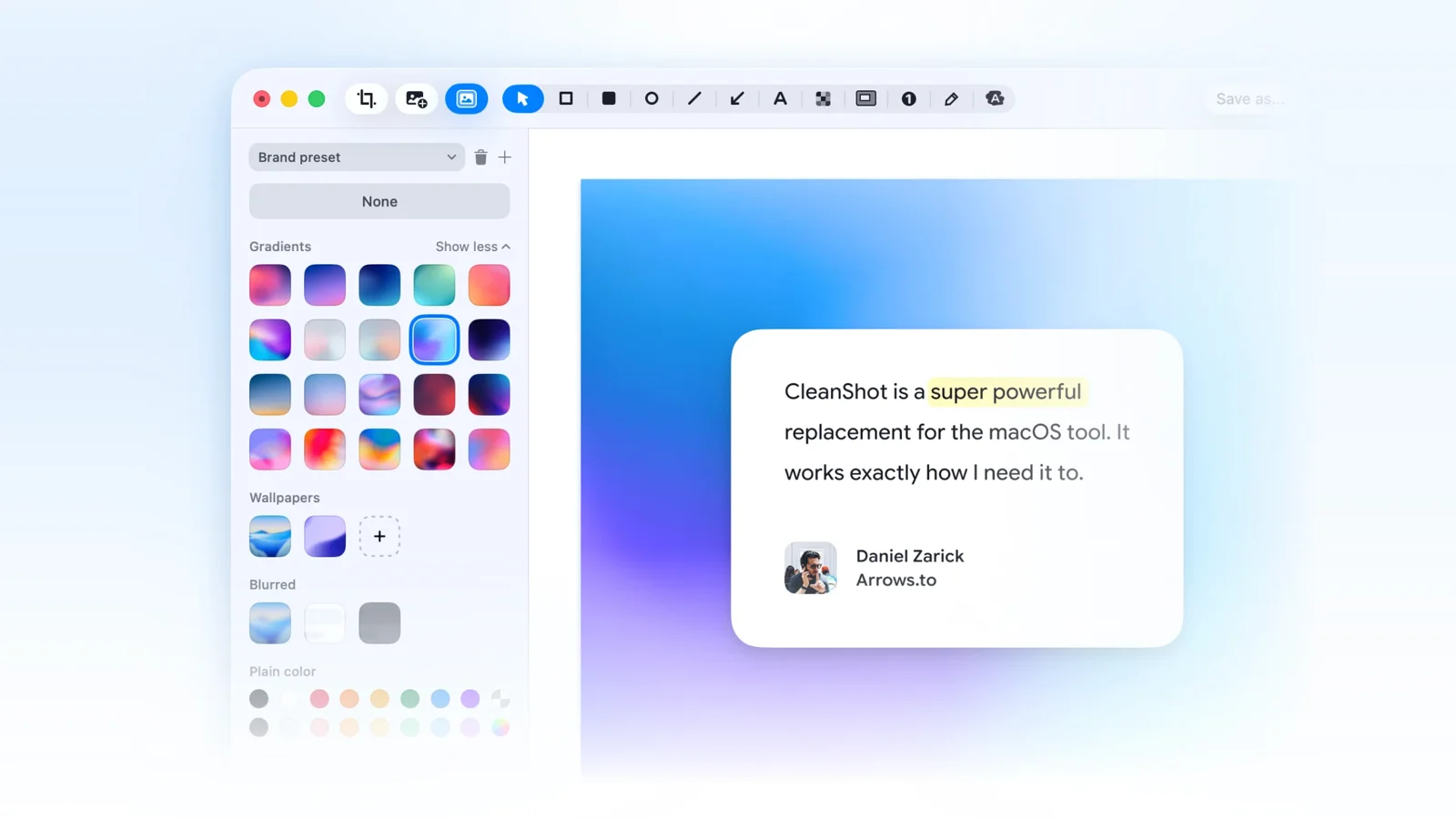 CleanShot X editing window with brand preset, gradient, wallpaper and color options in the sidebar and a quote card styled on a blue gradient canvas