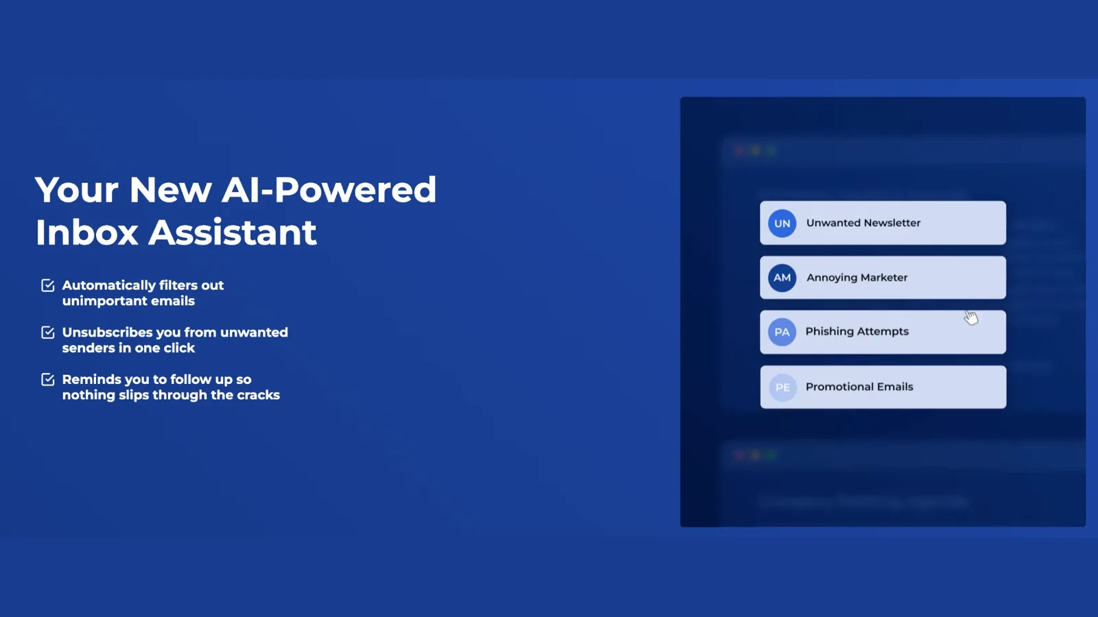 SaneBox AI inbox assistant filtering out unwanted newsletters, marketers, phishing attempts, and promotional emails