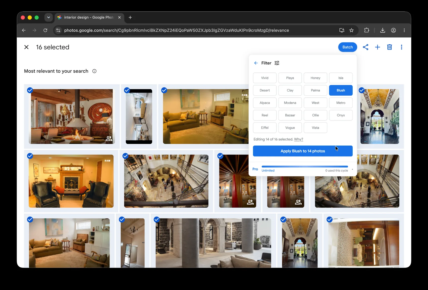 Google Photos search results for 'interior design' with 16 photos selected and the Batch Filter panel open on the Blush preset, ready to apply to 14 photos.