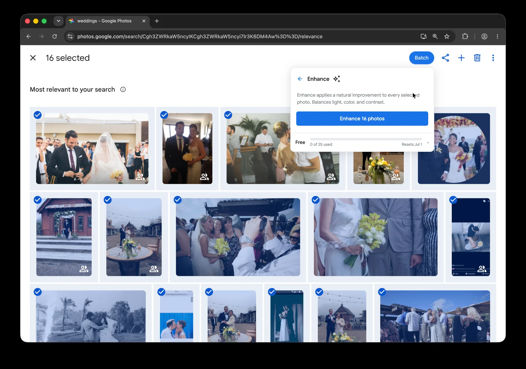 Google Photos batch Enhance panel ready to enhance 16 selected wedding photos