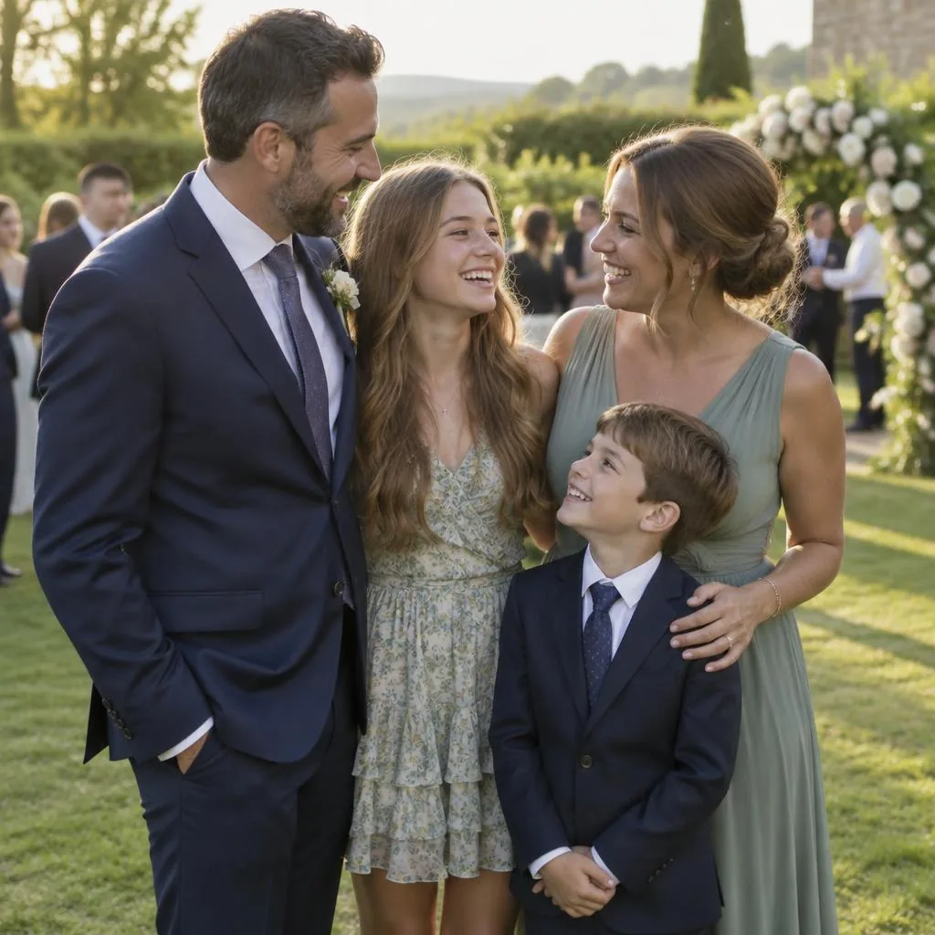 Family of four together at the wedding in the late afternoon