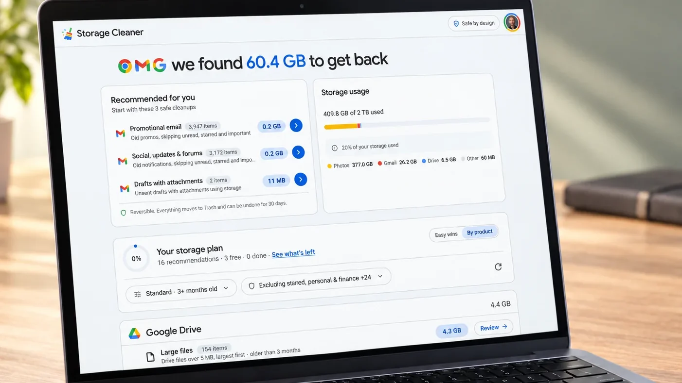 Storage Cleaner for Google open on a laptop, showing storage used across Photos, Gmail, and Drive
