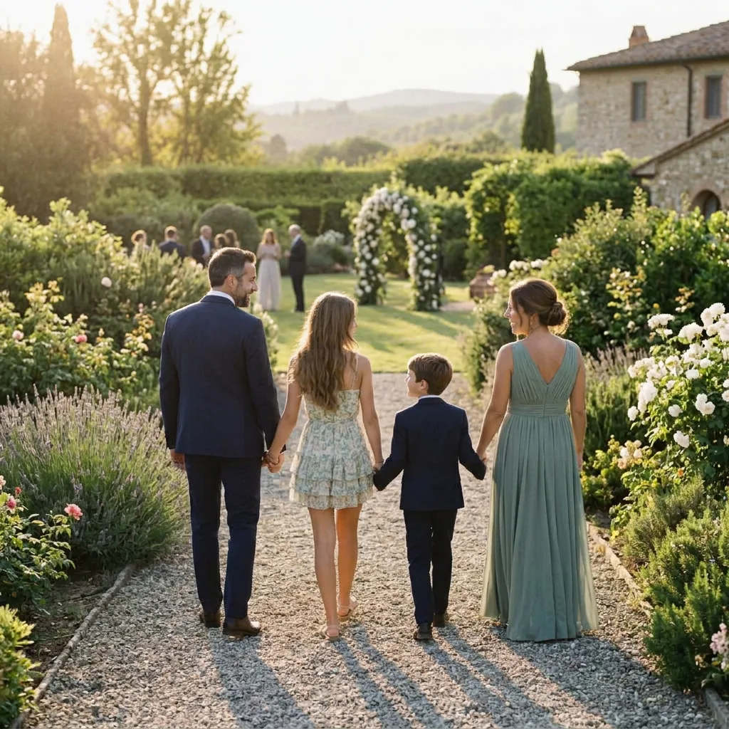 The same family walking the garden path together