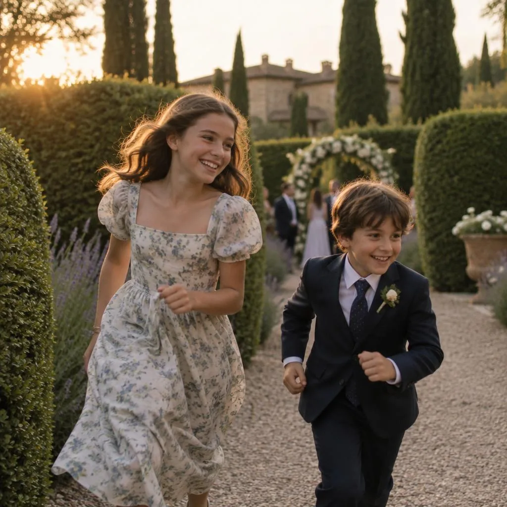 The daughter and son running along the garden path