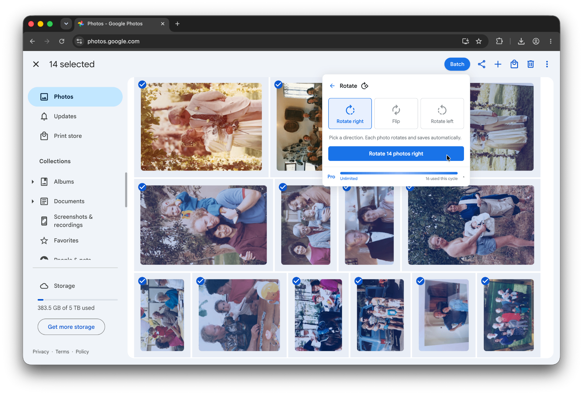 Google Photos with 14 sideways-scanned family photos selected and the Batch Rotate panel open on 'Rotate right', ready to rotate 14 photos at once.