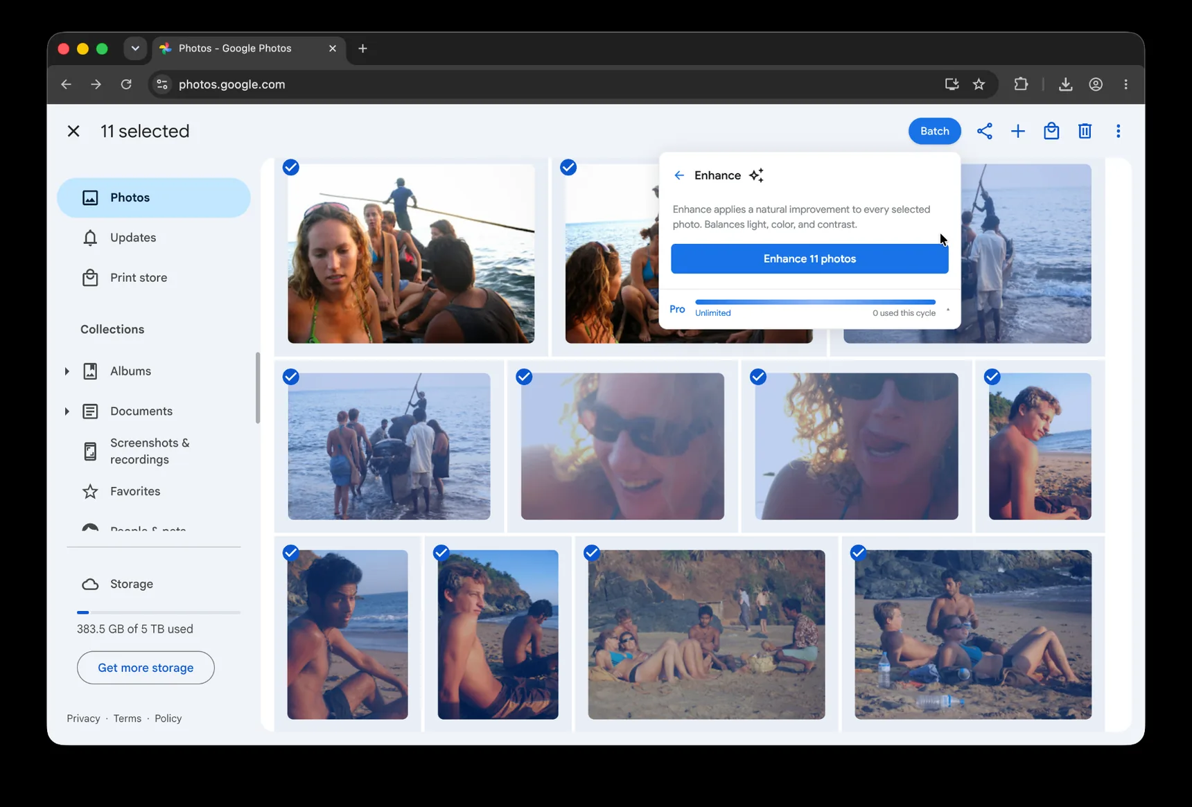 Google Photos selection toolbar showing 11 photos selected with the Batch Enhance panel open and an 'Enhance 11 photos' button.