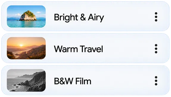 Preset list with Bright and Airy selected, plus Warm Travel and B and W Film