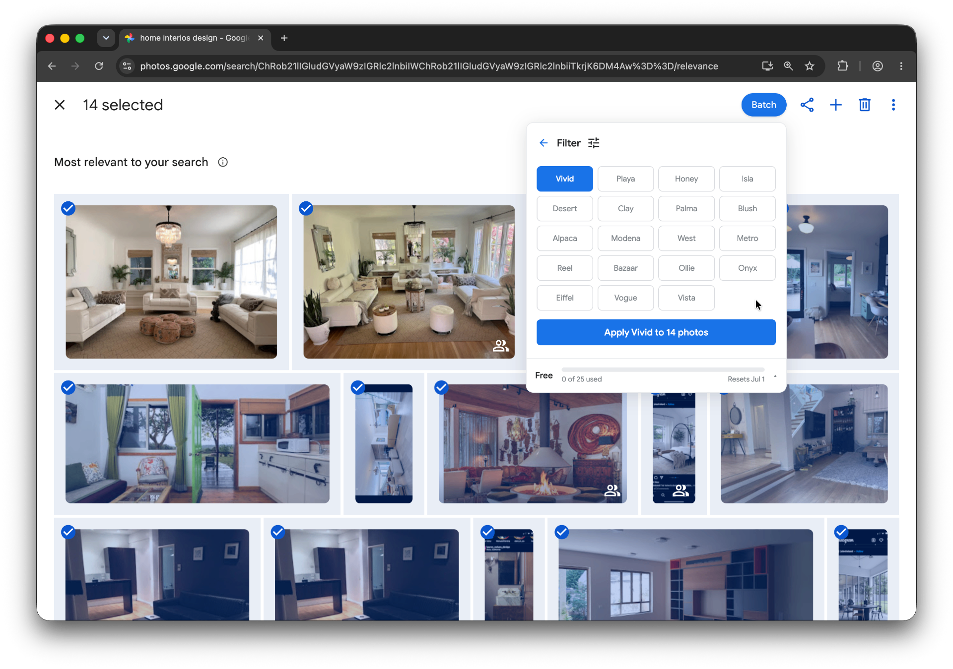 Google Photos batch filter panel with Vivid selected, ready to apply to 14 selected interior photos