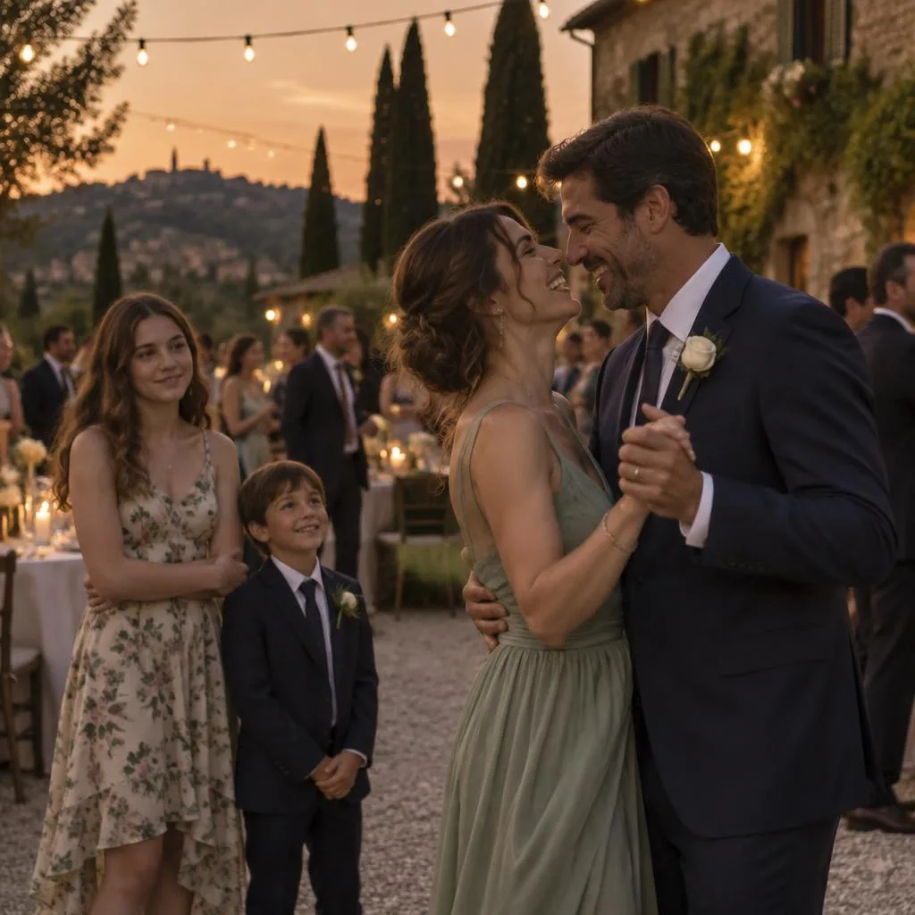 The parents dancing under the string lights at dusk