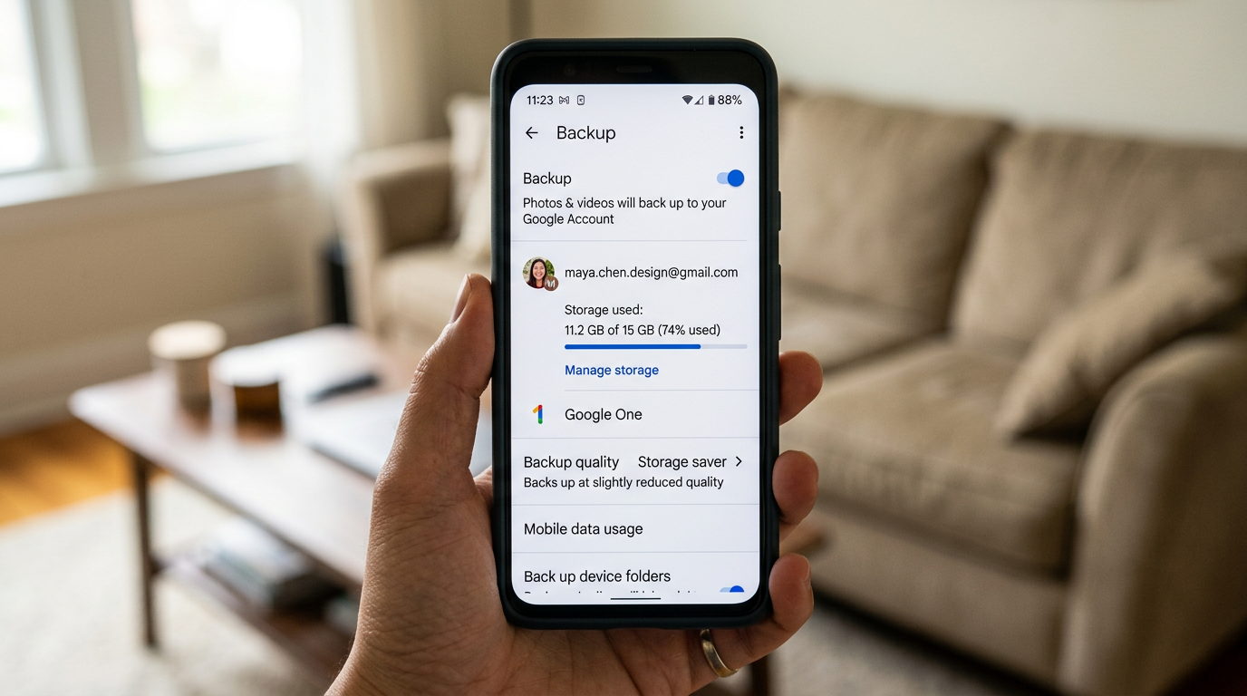 A phone displaying the Google Photos backup settings, showing automatic photo sync turned on.