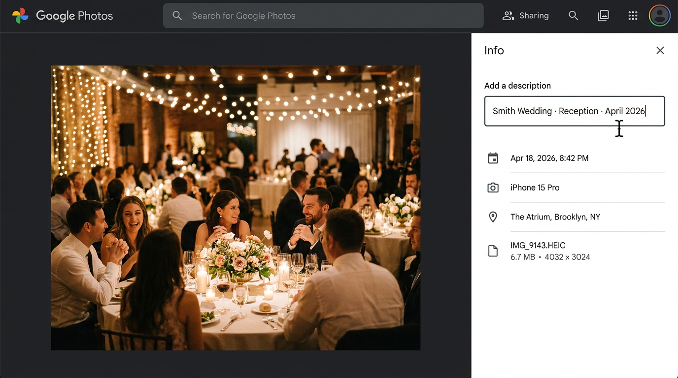 The Google Photos info panel with a caption being typed into the description field.