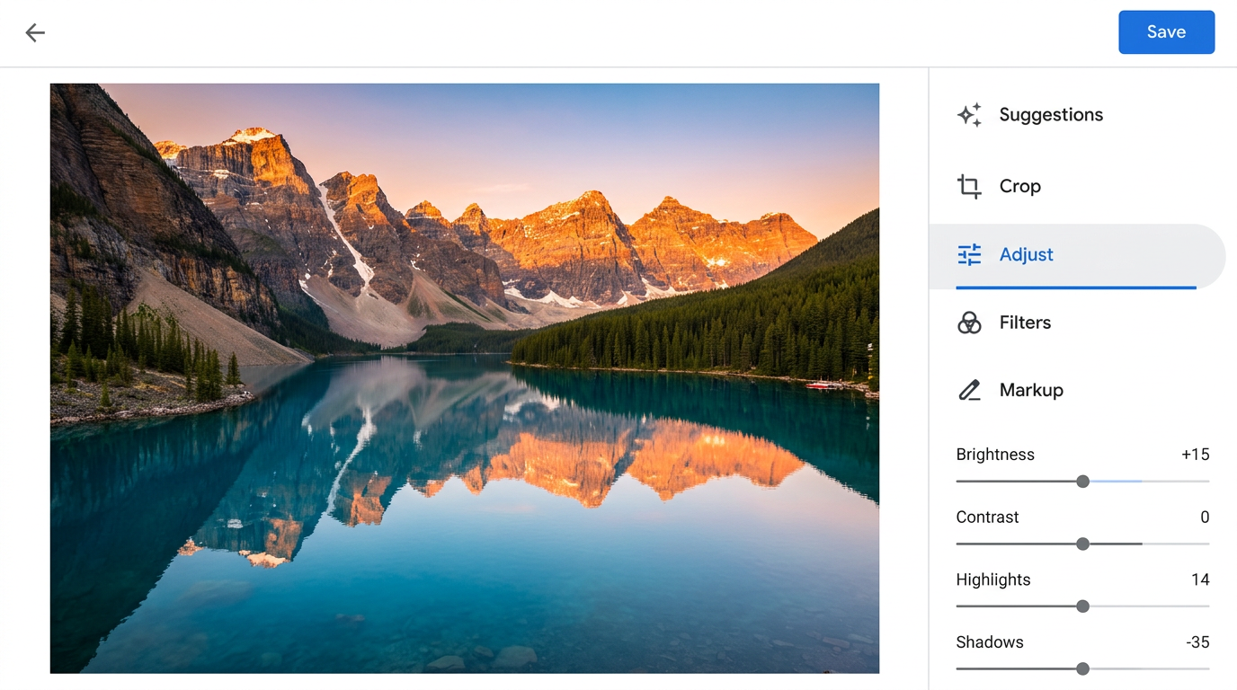 The Google Photos editor showing the tab strip: Suggestions, Crop, Adjust, Filters, and Markup.