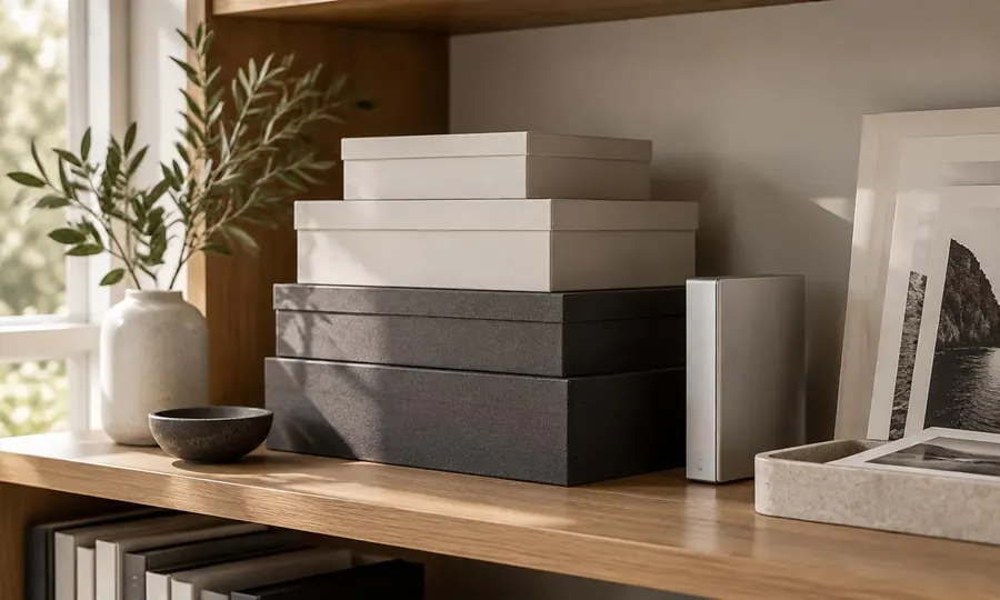 Photo archive boxes and an external drive on a shelf