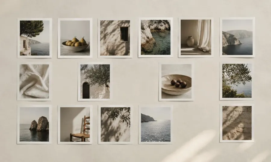 Grid of small prints arranged on a pale plaster wall with a few gaps