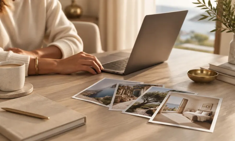 Hands beside a laptop on a sunlit oak desk with printed travel photographs fanned out