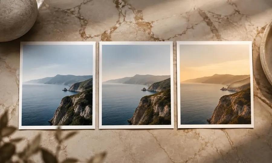 Three identical coastal prints on marble, each with a different colour grade